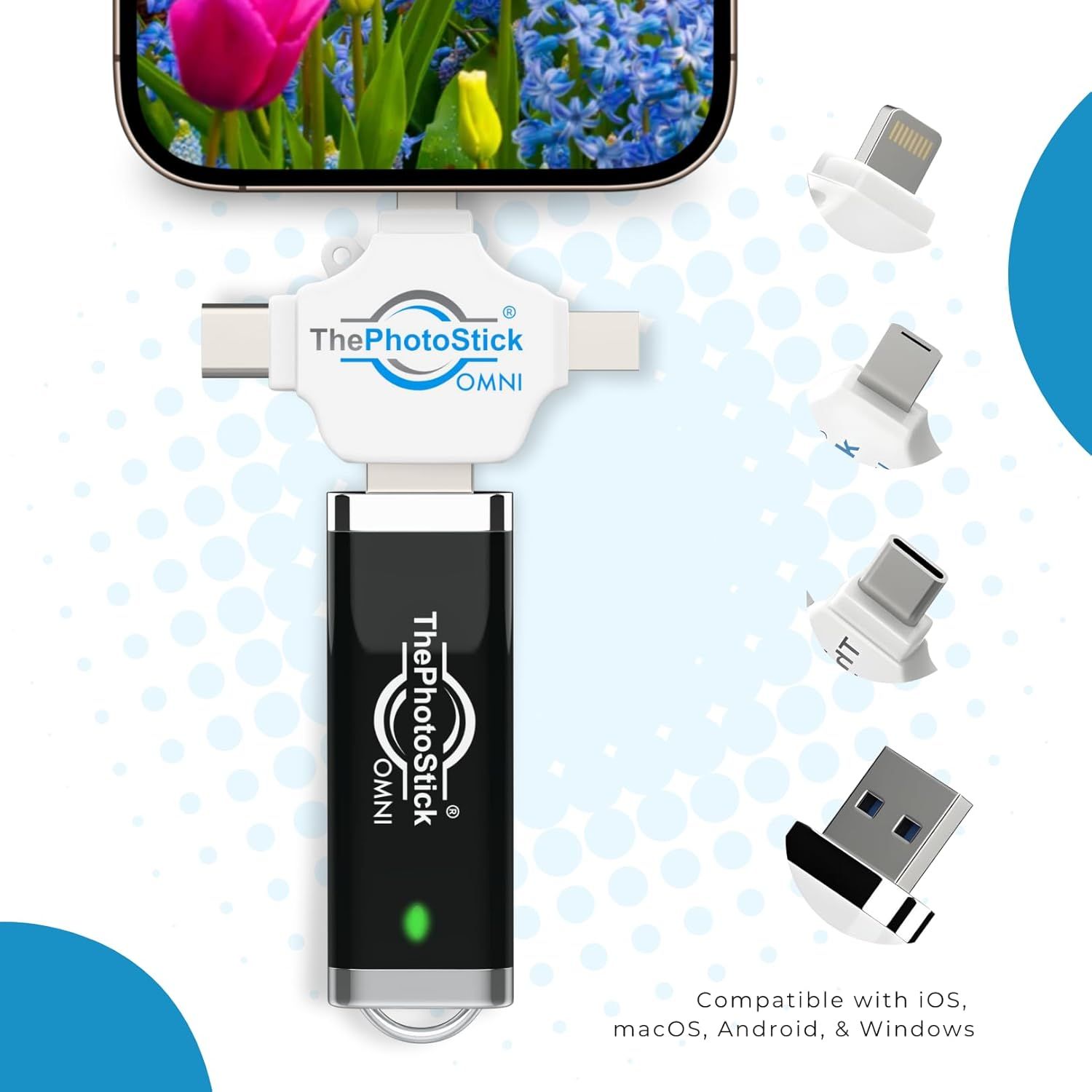 Demonstrates that ThePhotoStick OMNI works across multiple platforms (iOS, macOS, Android, Windows) with various connector types, reassuring shoppers of its universal compatibility.