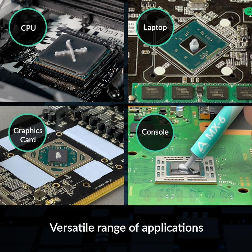 Demonstrates the product's versatility by showing it can be used across multiple hardware applications including desktop CPUs, laptops, graphics cards, and gaming consoles, reassuring shoppers of…