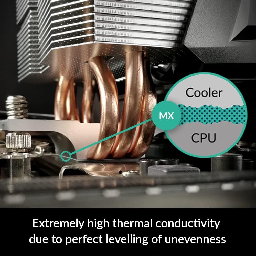 Highlights the thermal paste (MX) layer between the CPU cooler and CPU, demonstrating how the product achieves high thermal conductivity through perfect surface contact and leveling. Communicates…