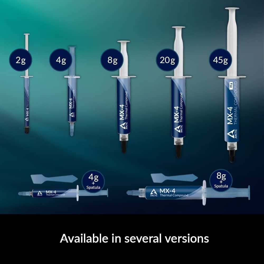 Showcases the brand's complete product lineup of thermal compound in various sizes (2g, 4g, 8g, 20g, 45g) to help shoppers choose the right quantity for their needs.