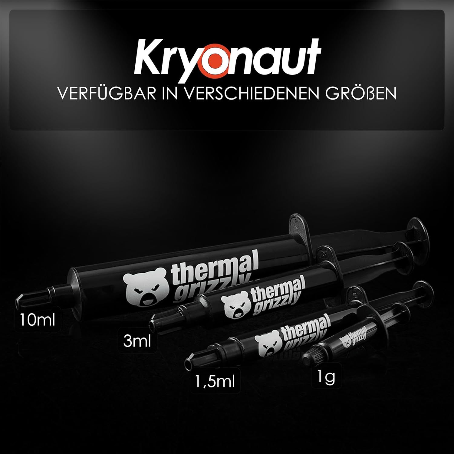 Showcases the Kryonaut thermal paste product line available in different sizes (10ml, 3ml, 1.5ml, 1g) to help shoppers choose the right quantity for their needs.