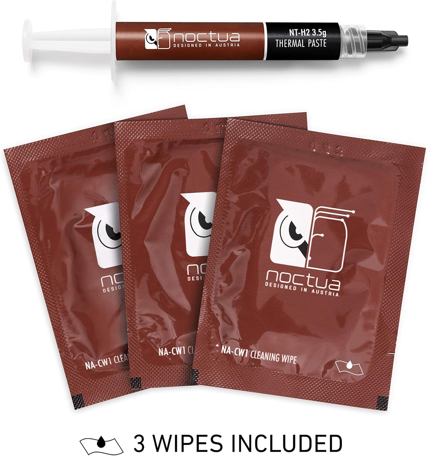 Shows the customer exactly what they receive in the package: one syringe of NT-H2 3.5g thermal paste and three NA-CW1 cleaning wipes, reassuring them of the complete kit contents.