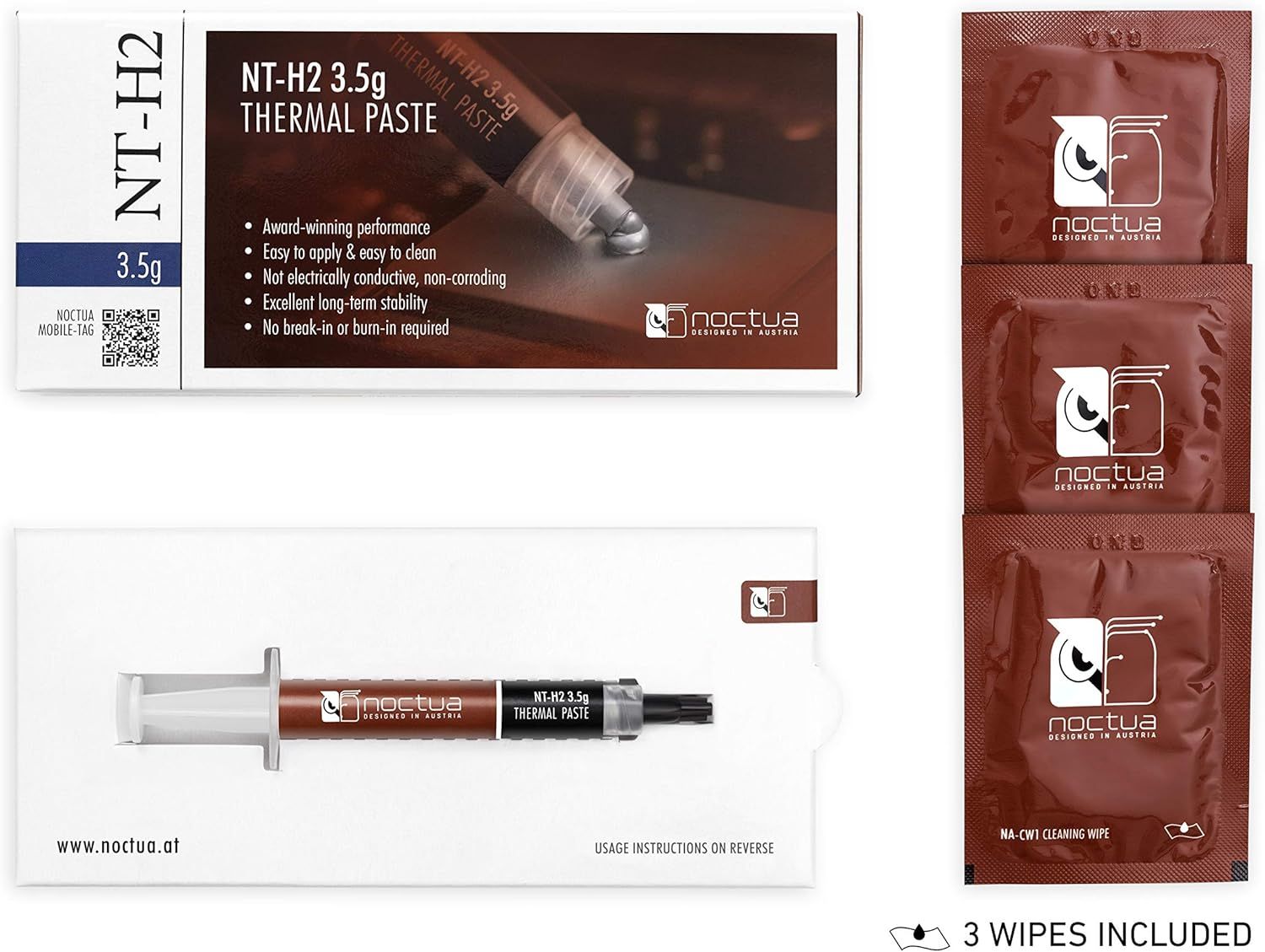 Shows the customer everything included in the package: the NT-H2 3.5g thermal paste syringe and 3 cleaning wipes, helping shoppers understand the complete value of their purchase.