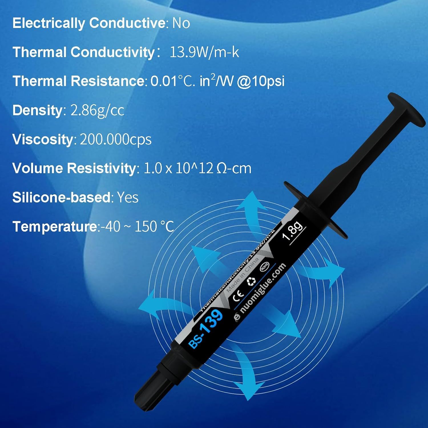 Communicates the detailed technical specifications of the thermal paste product to inform buyers about its performance characteristics and material properties.
