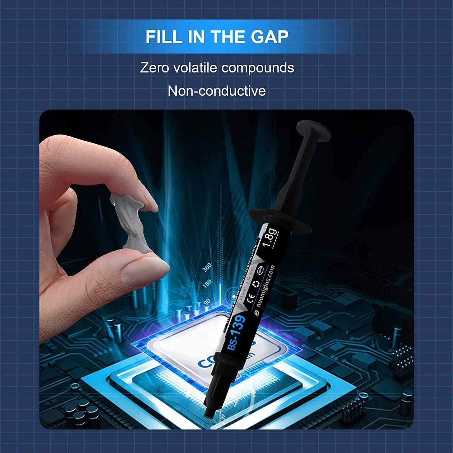 Communicates that the thermal compound is safe for electronics, highlighting its non-conductive and zero VOC properties to reassure buyers about product safety and quality. Emphasizes the product's…