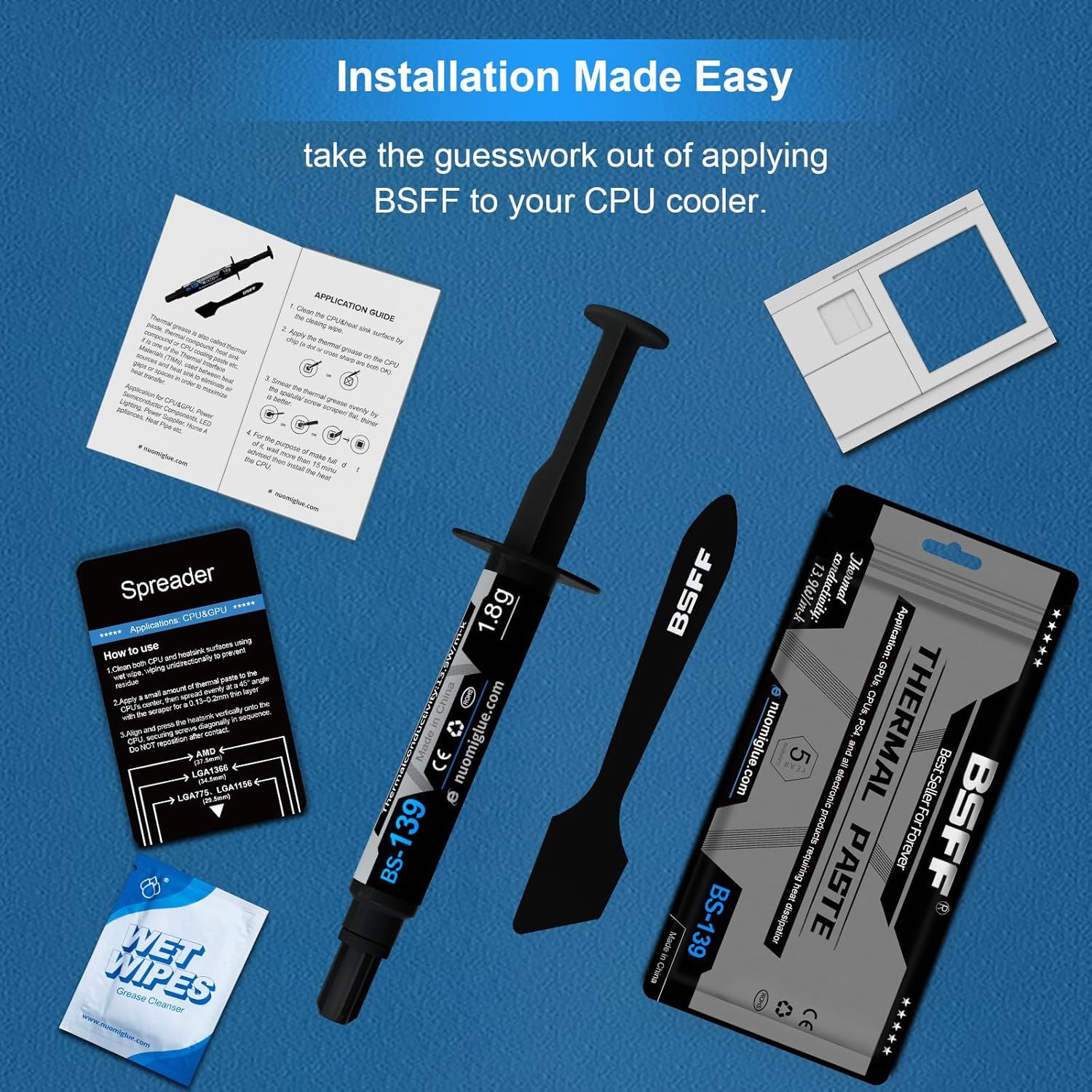 Shows all the items included in the package (thermal paste, spreader, application guide, wet wipes, and installation frames) to reassure shoppers they have everything needed for easy CPU cooler…