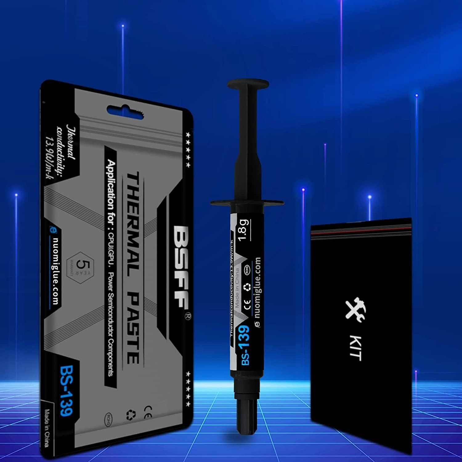 Shows the customer everything included in the package: thermal paste in packaging, applicator syringe, and installation kit, reassuring them they have all necessary components for application.