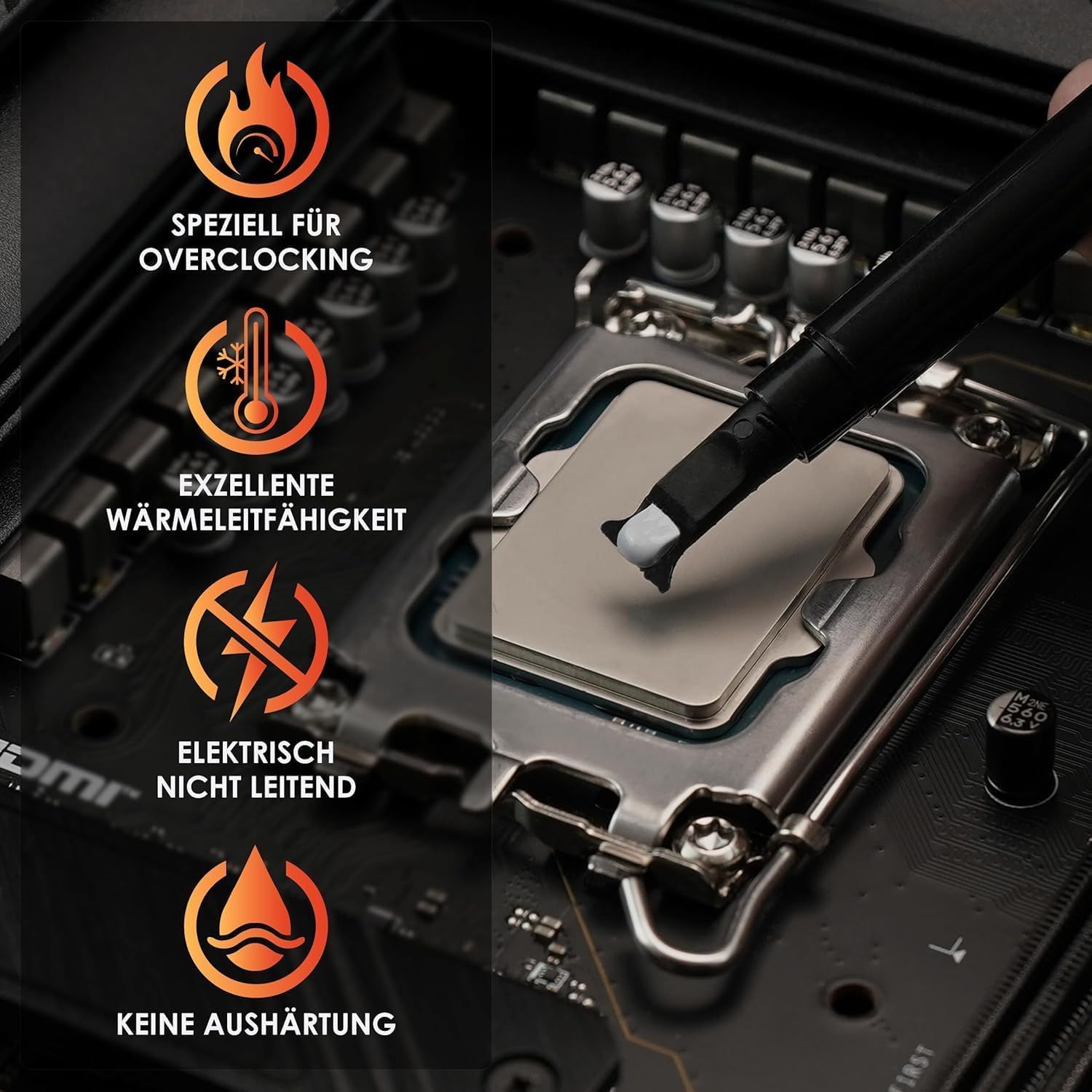 Communicates four distinct technical benefits of the thermal paste product: optimized for overclocking, excellent heat transfer, electrically non-conductive for safety, and maintains flexibility…