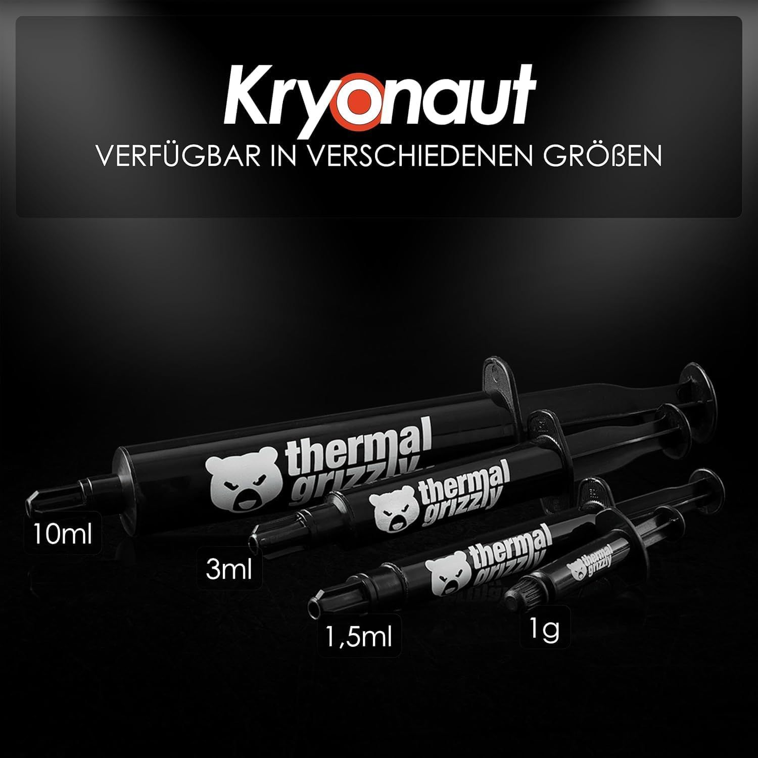 Showcases the Kryonaut thermal paste product line and communicates that it is available in multiple sizes (10ml, 3ml, 1.5ml, 1g) to help shoppers choose the right option for their needs.