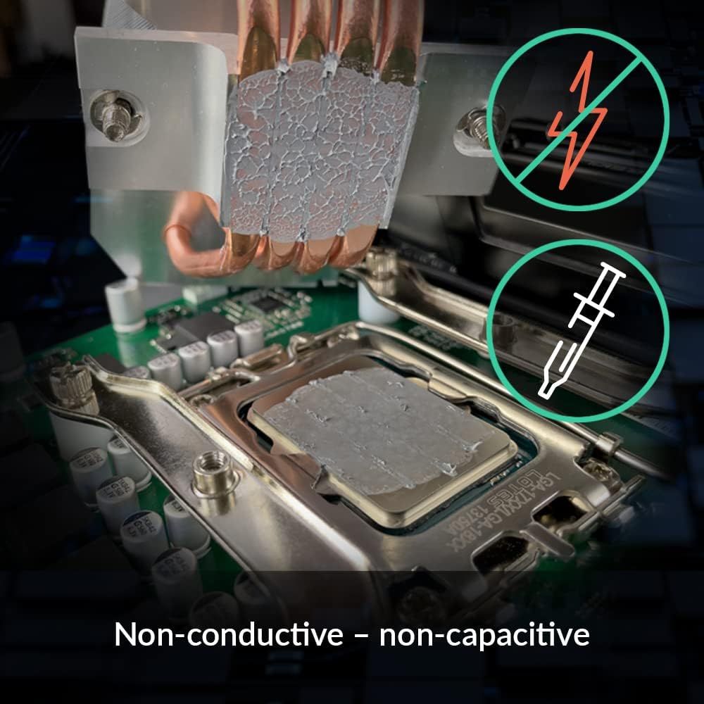 Communicates that the thermal paste is electrically safe, preventing short circuits and capacitance issues in electronic components. Reassures shoppers that the product is safe to use on sensitive…