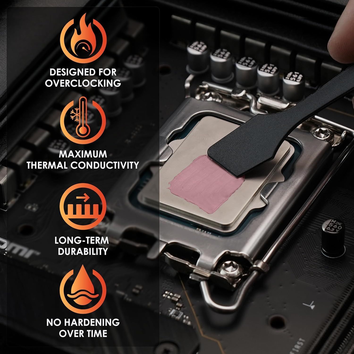 Communicates multiple key benefits of the thermal paste product, including its suitability for overclocking, superior heat transfer, durability, and stability over time to reassure PC builders and…