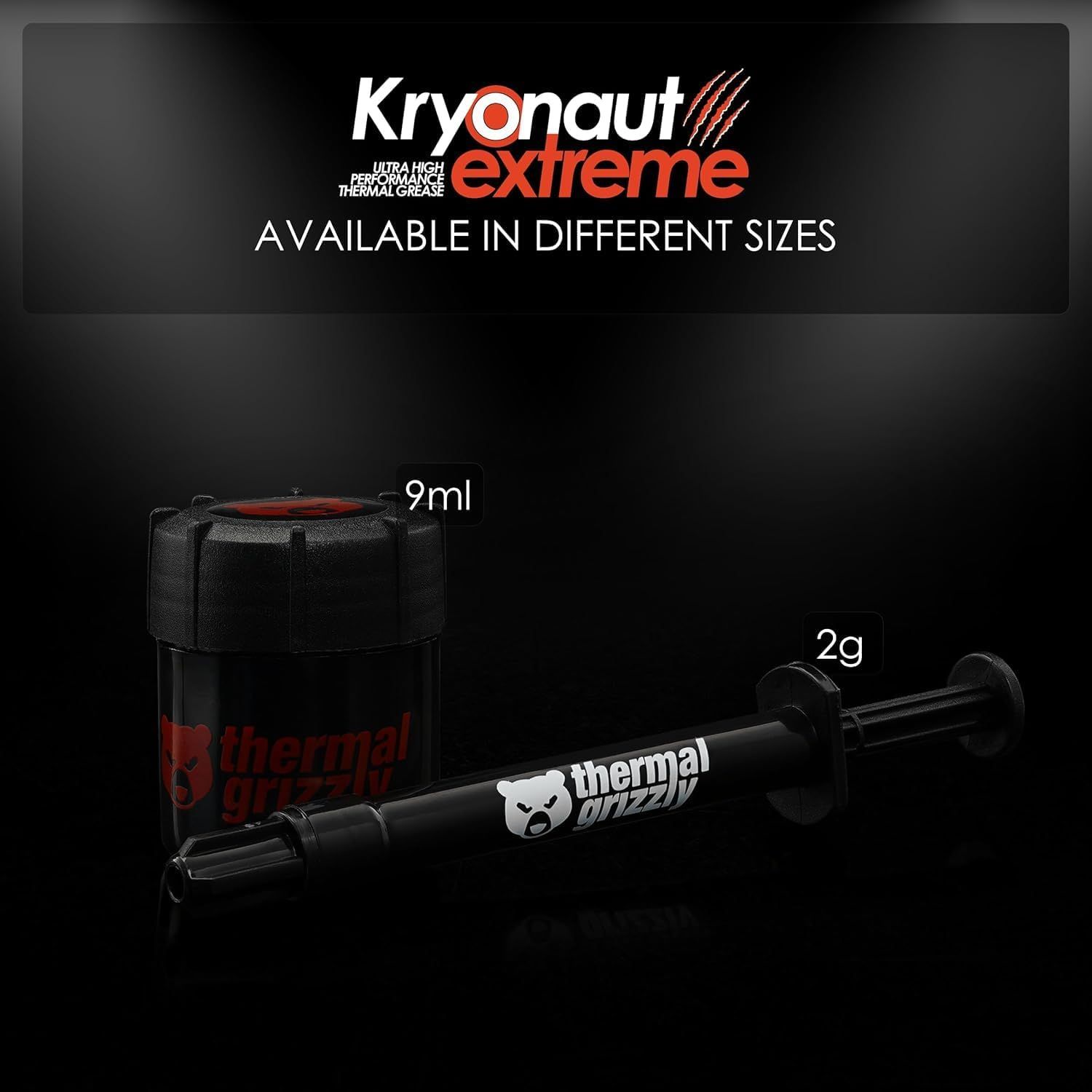 Showcases the brand's product lineup by displaying the different size options (9ml and 2g) available for the Kryonaut extreme thermal grease, helping shoppers choose the right size for their needs.