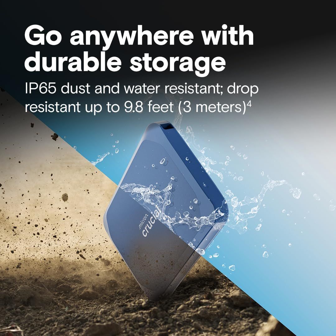 Communicates the product's rugged durability and protection features, reassuring shoppers that this storage device can withstand harsh outdoor conditions, water exposure, and accidental drops.
