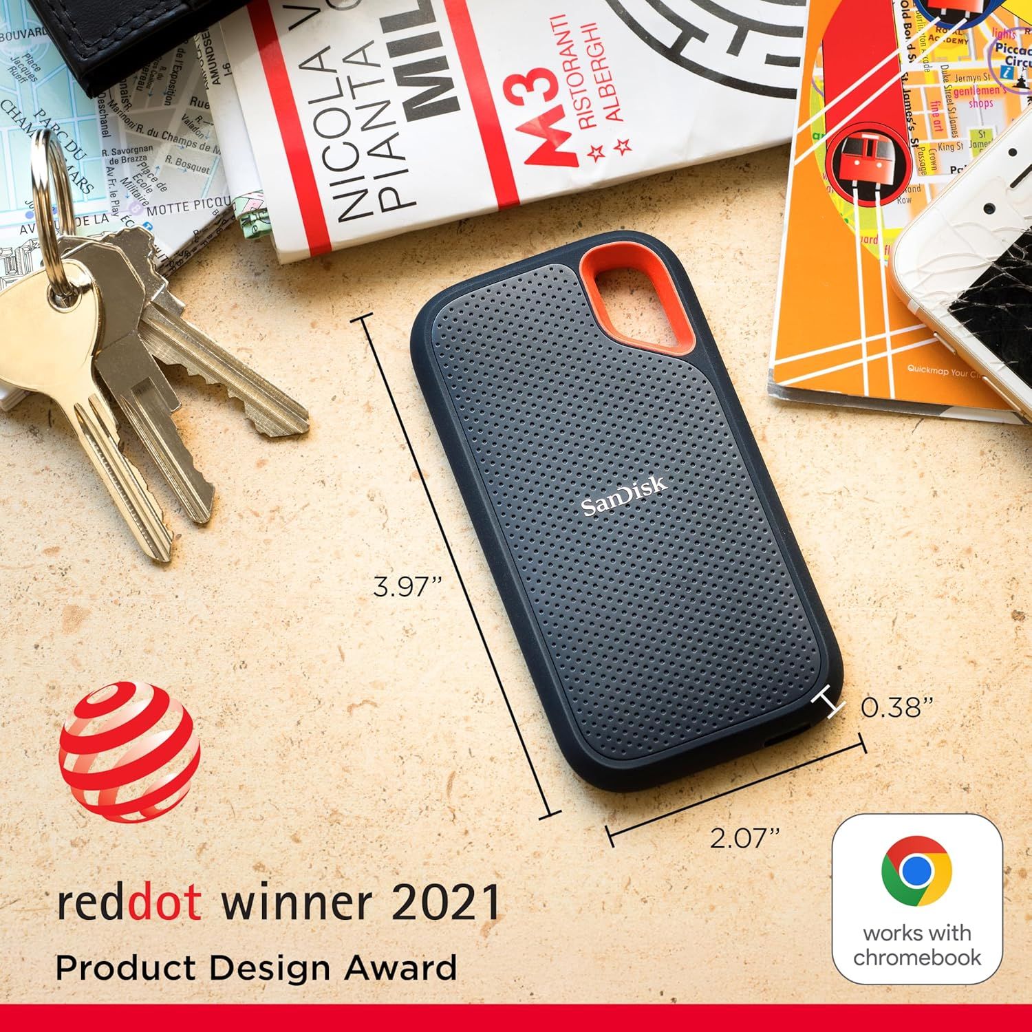 Communicates the physical dimensions of the SanDisk drive (3.97" x 2.07" x 0.38") to help shoppers understand its compact, pocket-friendly size for portability. Builds credibility by showcasing the…