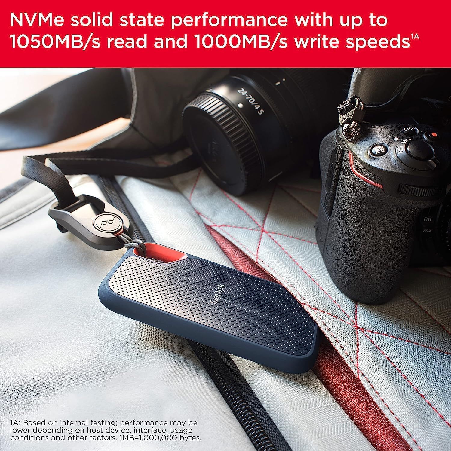 Communicates the high-performance NVMe solid state drive speeds (1050MB/s read, 1000MB/s write) to reassure shoppers that this portable SSD delivers fast data transfer for professional photography…
