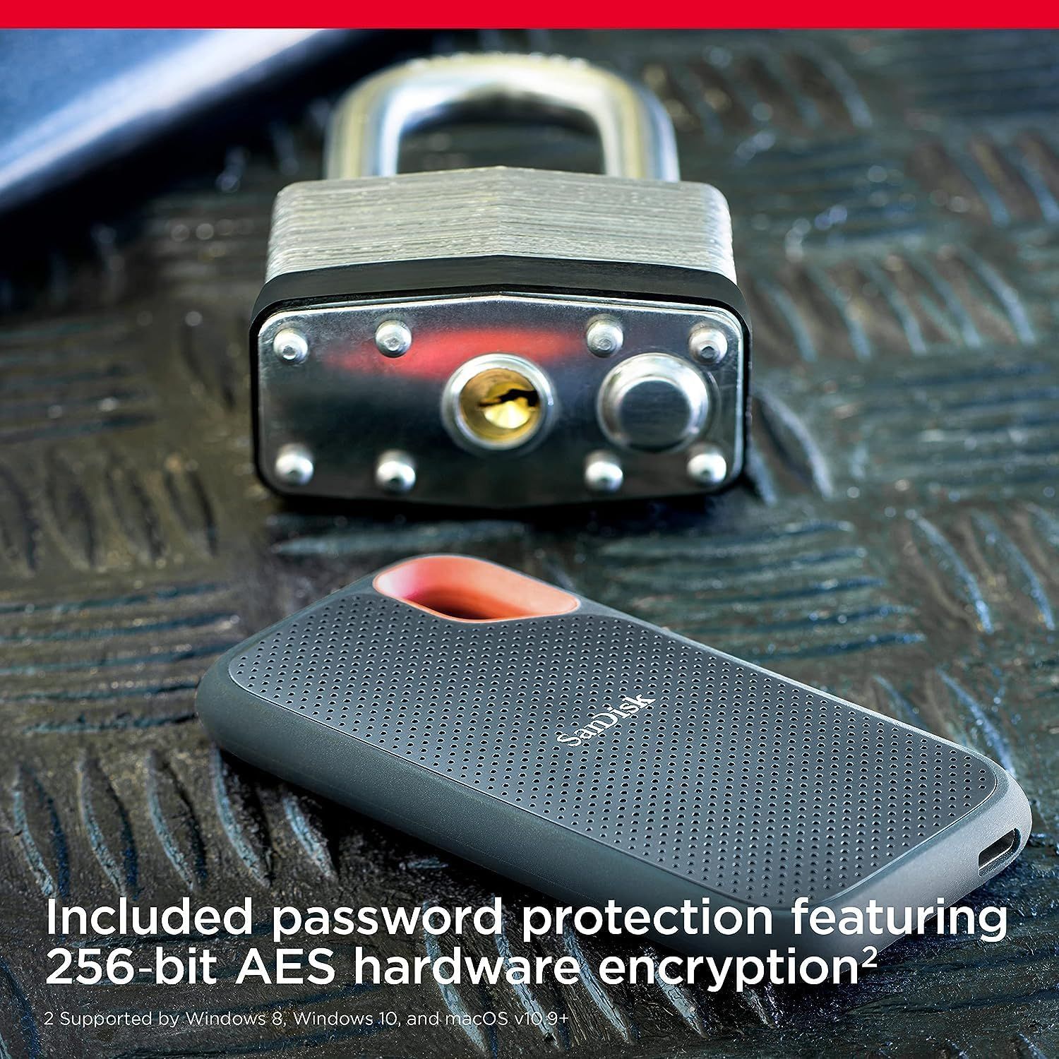 Communicates the product's advanced security features, reassuring shoppers that their data is protected with military-grade encryption and password protection. Highlights the core benefit of secure…