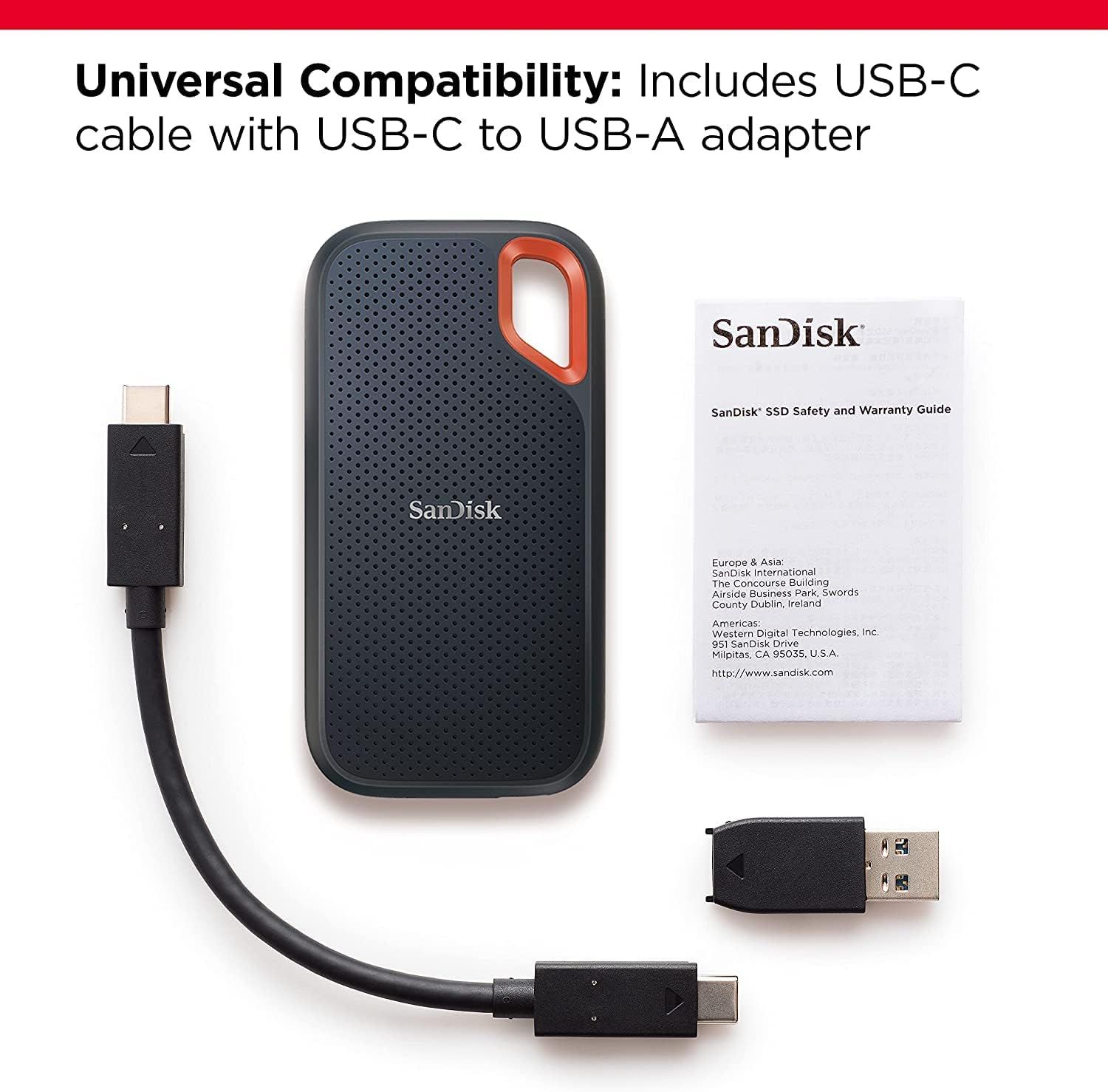 Shows everything included in the package (SSD drive, USB-C cable, USB-A adapter, and warranty guide) to reassure shoppers they have all necessary accessories for universal device compatibility.
