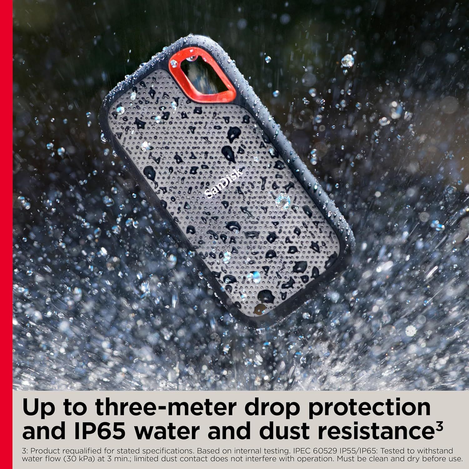 Communicates the phone case's protective capabilities with specific certifications (three-meter drop protection and IP65 rating) to reassure shoppers the product will keep their device safe in harsh…