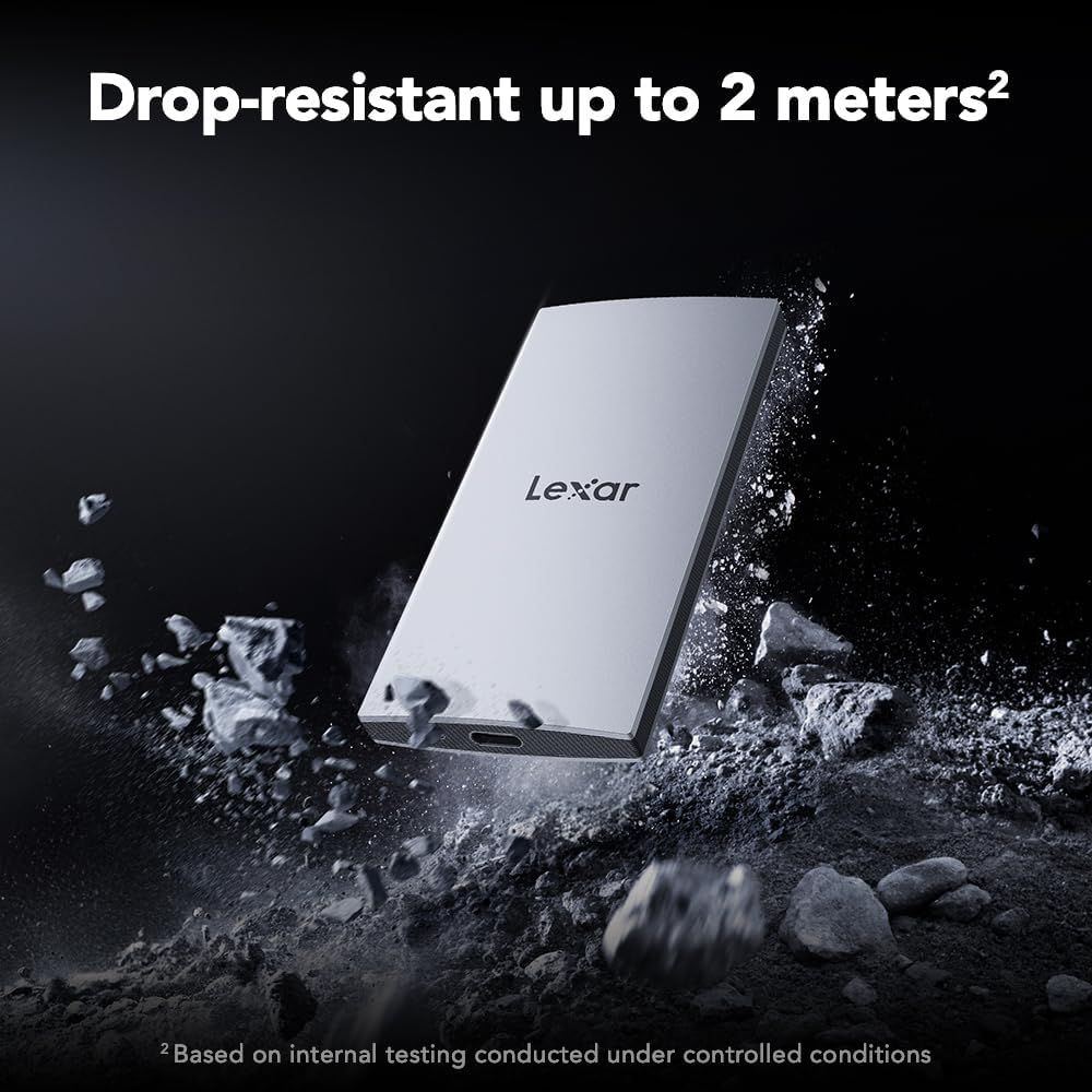 Communicates the product's durability by highlighting its drop-resistance capability with a specific quantifiable metric (2 meters) to reassure shoppers about its ruggedness. Emphasizes the…