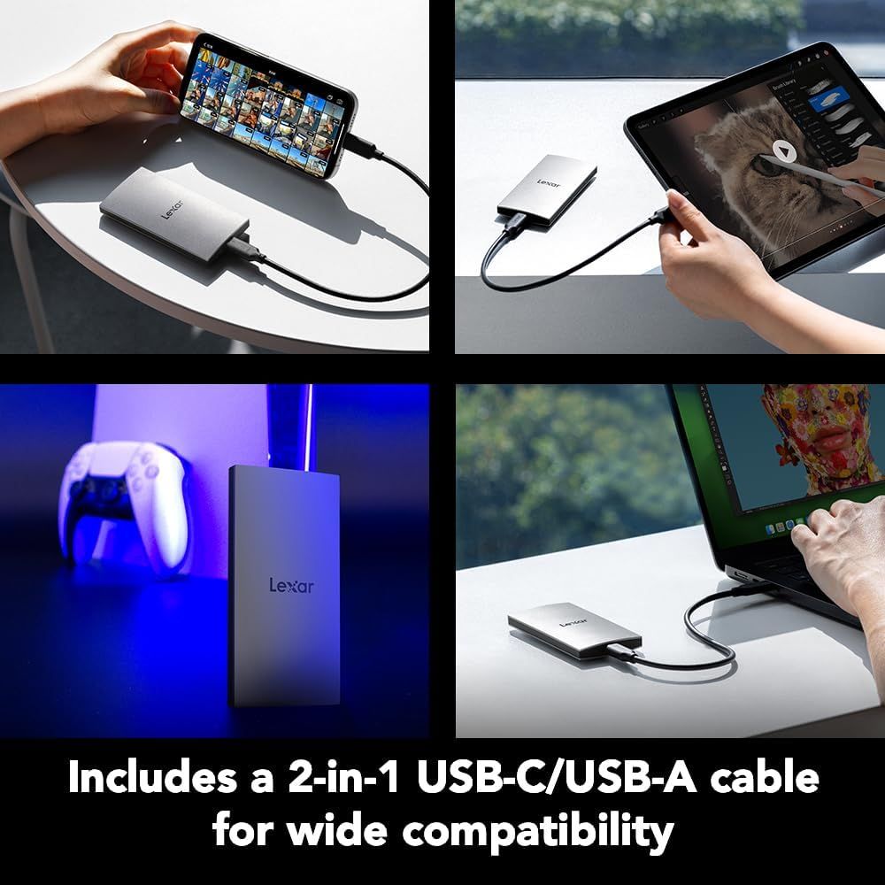 Demonstrates the product's versatility by showing it working with multiple device types (phone, tablet, gaming console, laptop) to reassure shoppers it will work with their devices. Highlights that…
