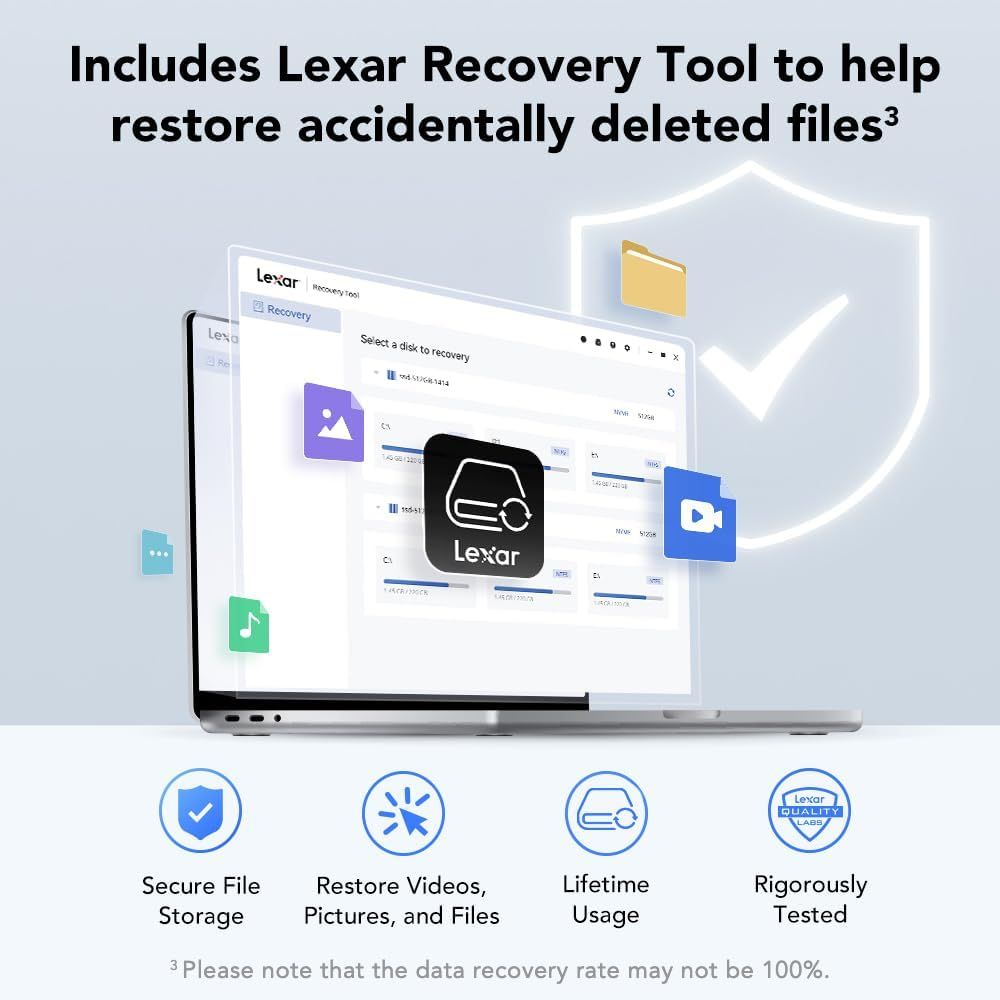 Communicates that the product includes Lexar Recovery Tool software to restore accidentally deleted files, adding value and reassurance to the purchase. Highlights multiple key benefits of the…
