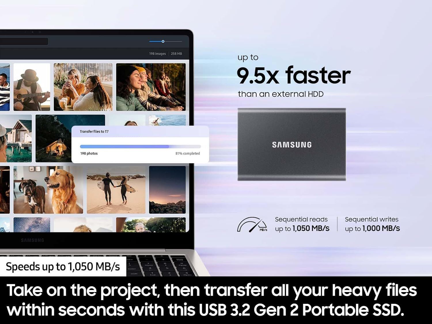 Communicates the product's superior speed performance with quantifiable metrics to demonstrate fast file transfer capabilities compared to external HDDs. Highlights the core benefit of rapid file…