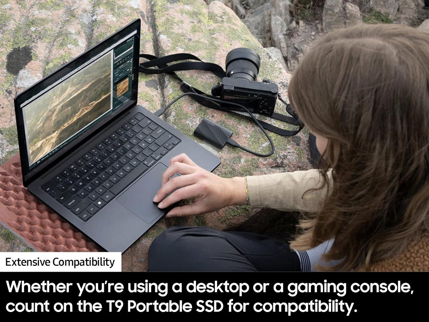 Demonstrates that the T9 Portable SSD works across multiple devices including laptops, cameras, desktops, and gaming consoles, reassuring shoppers of its versatility and broad compatibility.…
