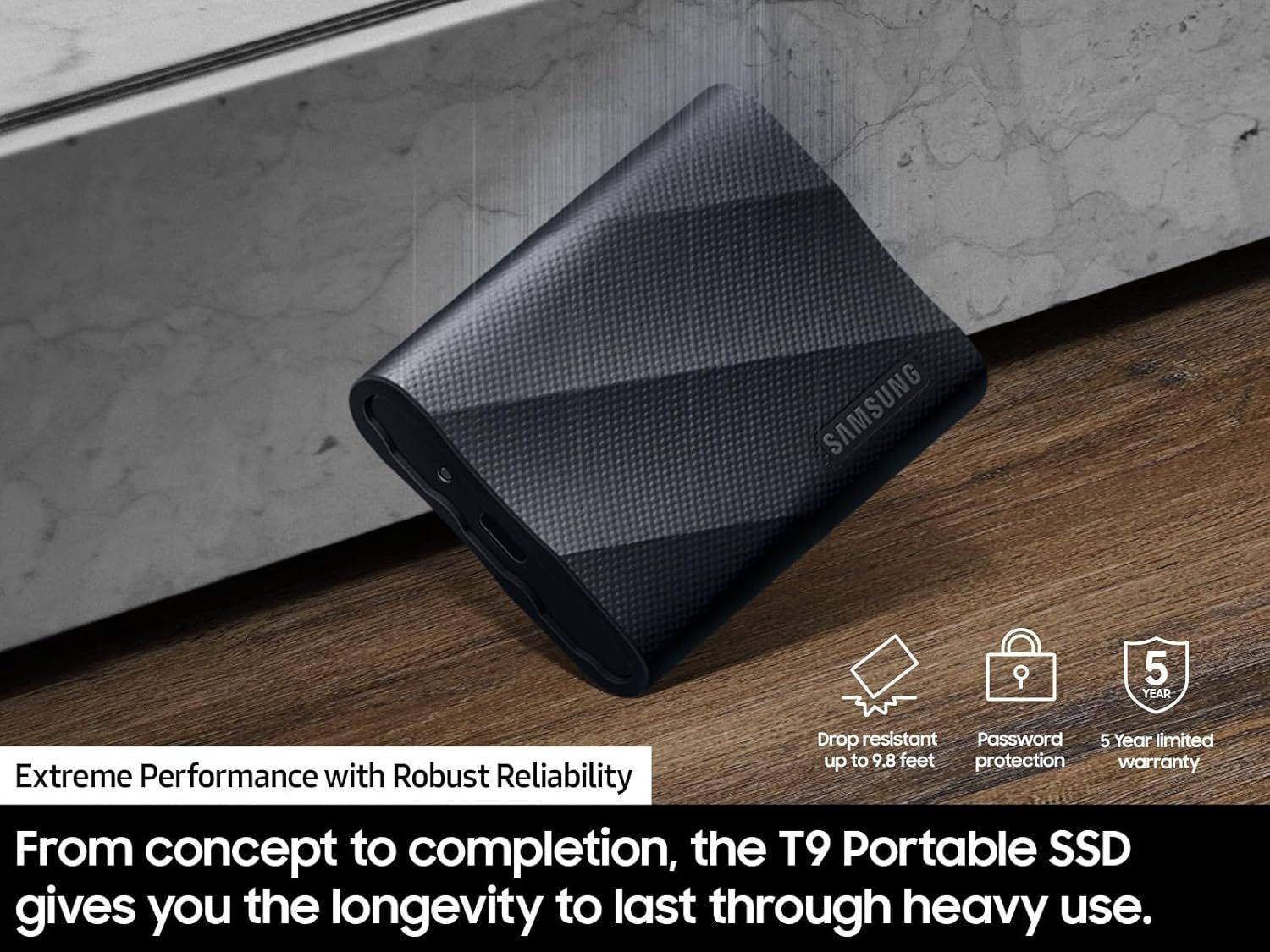 Communicates multiple key benefits of the Samsung T9 Portable SSD including drop resistance, security features, warranty coverage, and long-term reliability to reassure shoppers of the product's…
