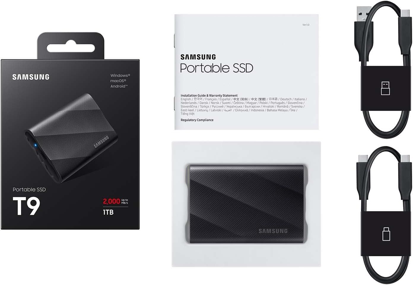 Shows everything included in the box—the portable SSD, installation guide, warranty statement, and two connection cables—to reassure shoppers they have all necessary accessories to start using the…