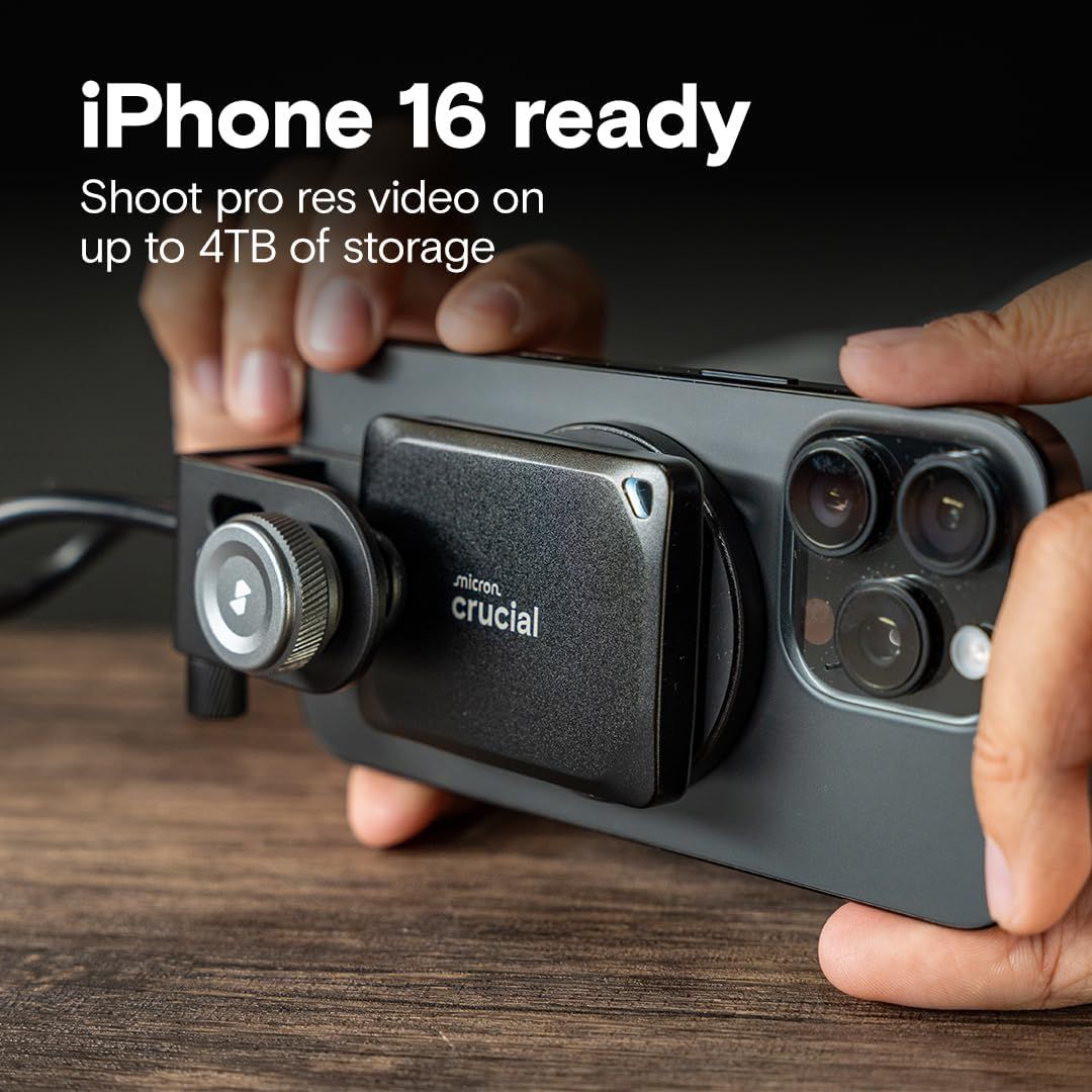 Demonstrates that the Crucial storage device is compatible with iPhone 16 and enables professional video recording with up to 4TB of storage capacity. Highlights the impressive storage capacity of…