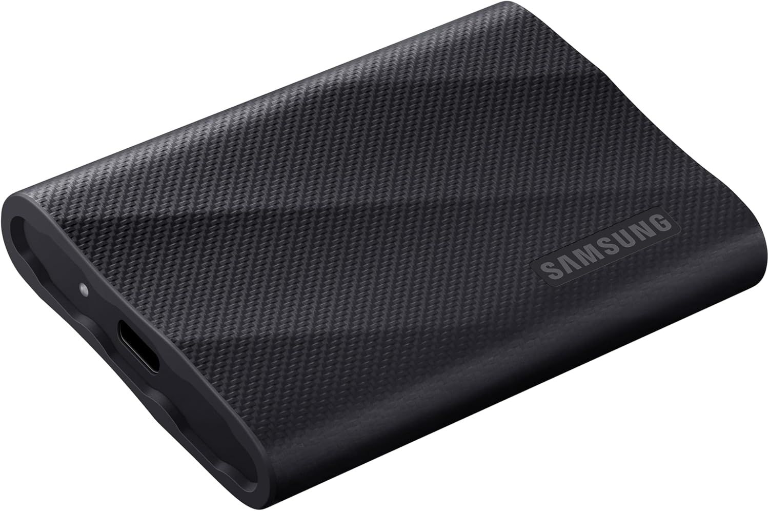Provides a clean, catalog-style view of the Samsung portable SSD on a white background, allowing shoppers to see the product's design, texture, and branding without distractions.