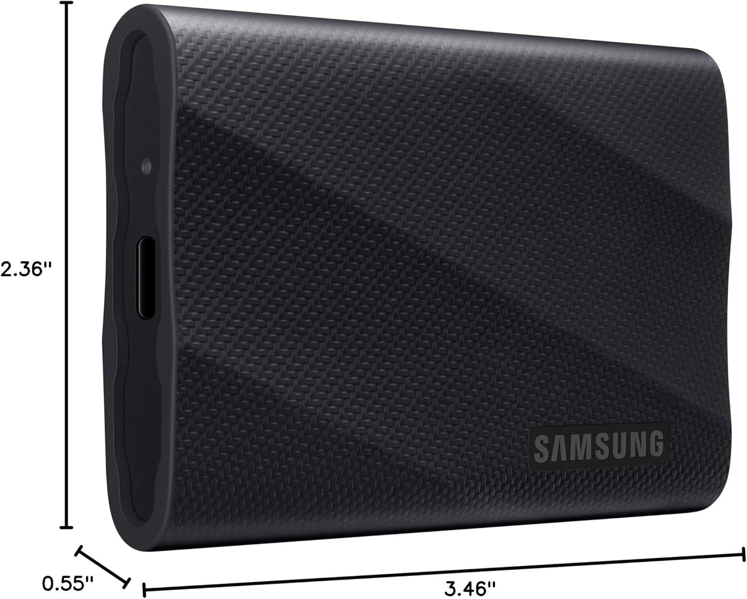 Communicates the physical dimensions of the Samsung portable SSD to help shoppers understand its compact, portable size.
