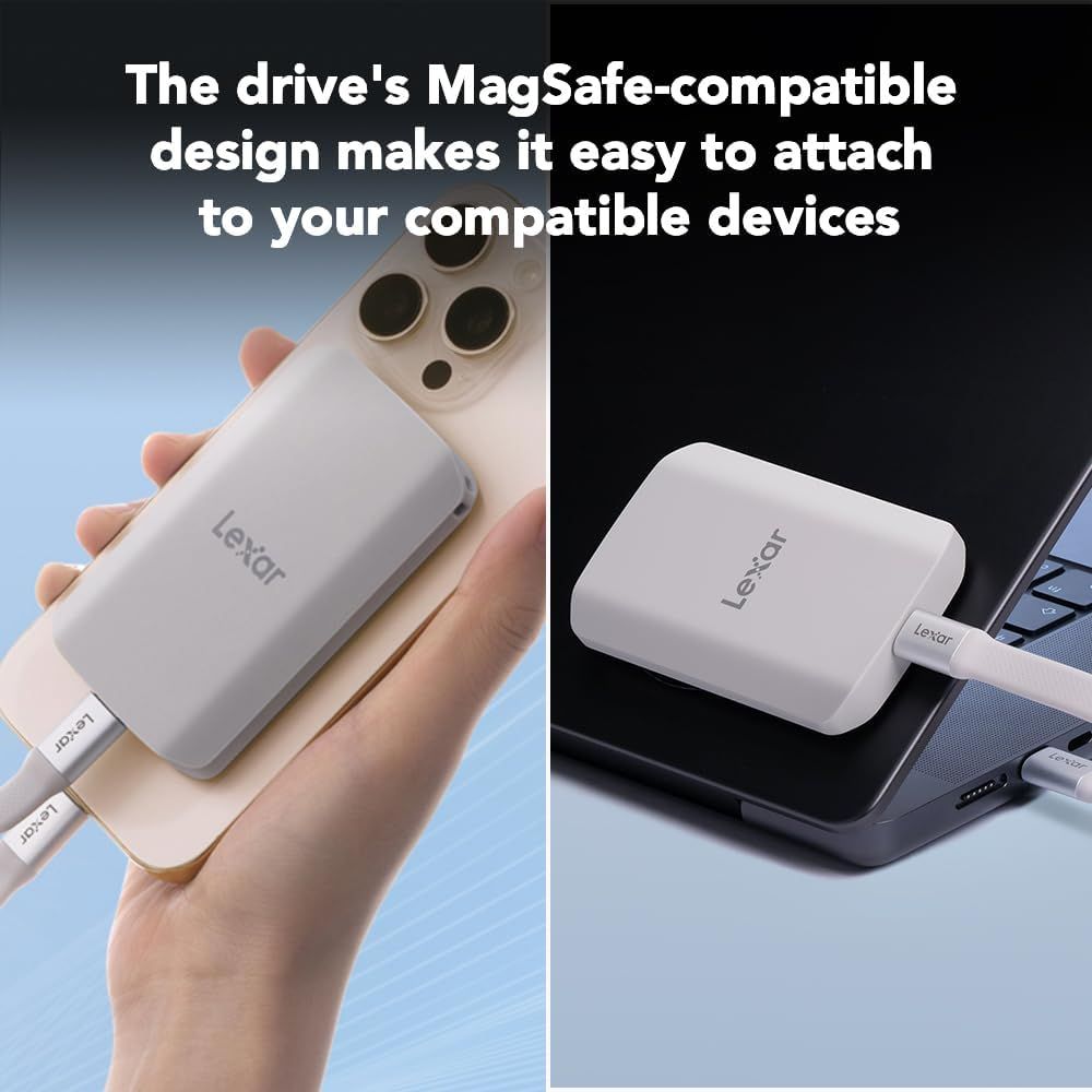 Demonstrates the drive's MagSafe-compatible design and shows multiple use cases—attaching to a phone and connecting to a laptop—to communicate versatility and ease of attachment across compatible…
