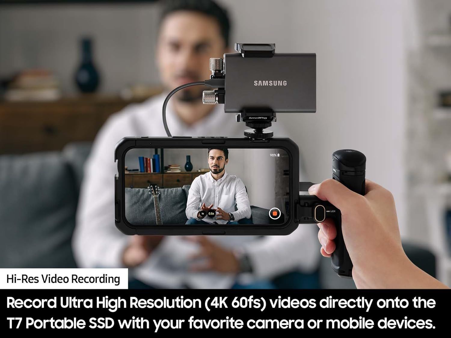 Demonstrates the product's ability to record ultra high resolution 4K 60fps videos directly onto the T7 Portable SSD using cameras or mobile devices, emphasizing professional video recording…