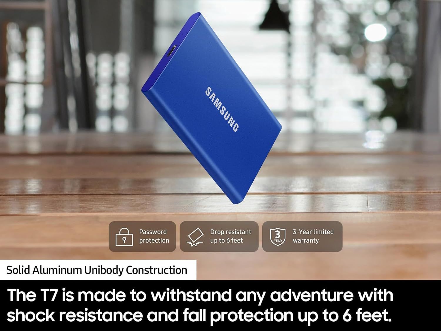 Communicates multiple key benefits of the Samsung T7 portable SSD including security, durability, warranty coverage, and premium build quality to reassure shoppers of its reliability and protection…