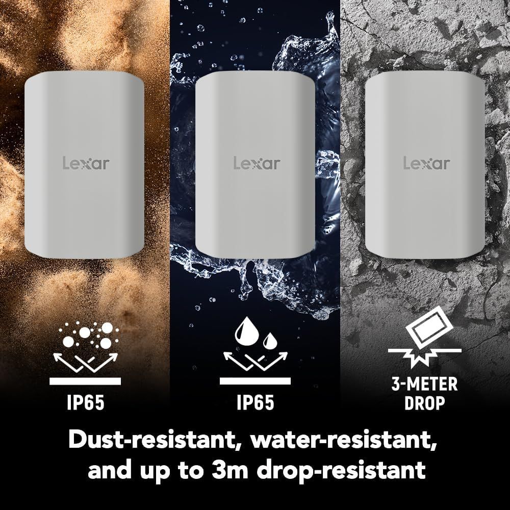 Communicates the product's durability across three distinct protection features (IP65 dust/water resistance and 3-meter drop resistance) to reassure shoppers the device can withstand harsh conditions.