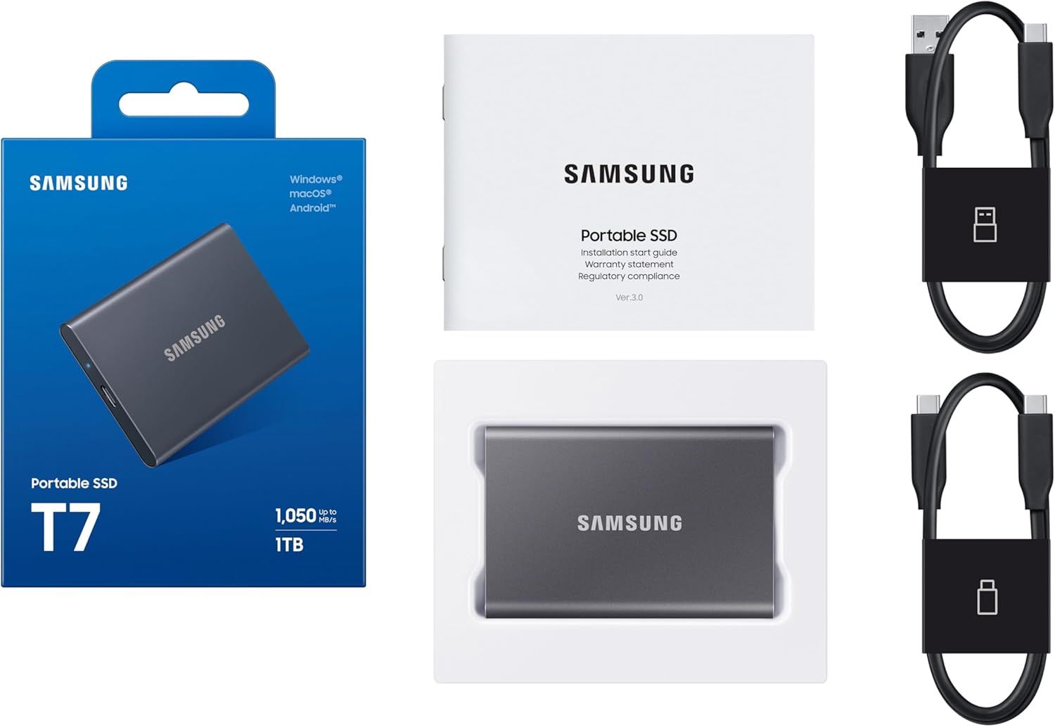 Shows the customer everything included in the box: the Samsung T7 Portable SSD, installation guide/warranty documentation, and two USB cables for connectivity.