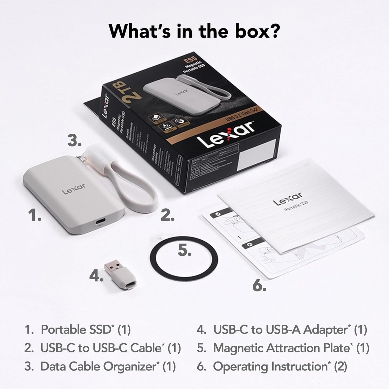 Shows the customer everything included in the box—the portable SSD, cables, adapters, magnetic plate, and instructions—to set clear expectations and demonstrate value.
