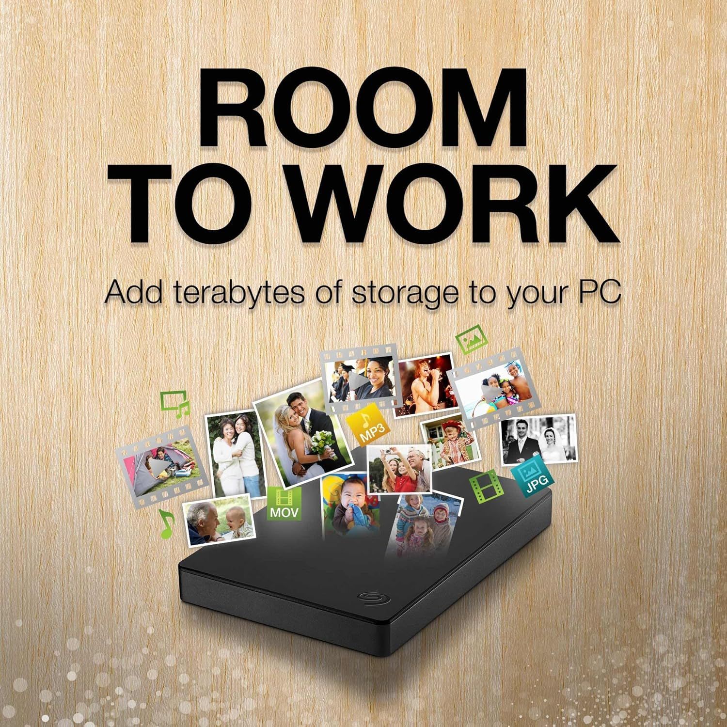 Communicates the massive storage capacity of the external hard drive, emphasizing that it can hold vast amounts of photos, videos, and files for PC users. Highlights the primary benefit of massive…