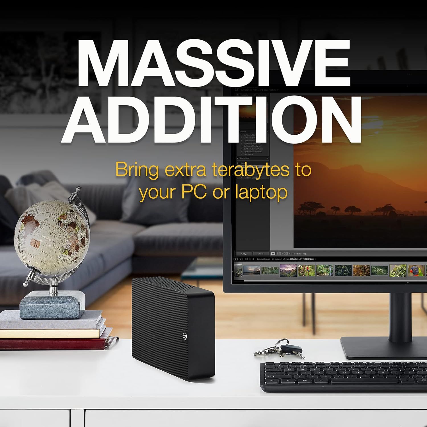 Communicates that this external hard drive provides massive additional storage capacity to expand your PC or laptop, reassuring shoppers they can store more files and media.