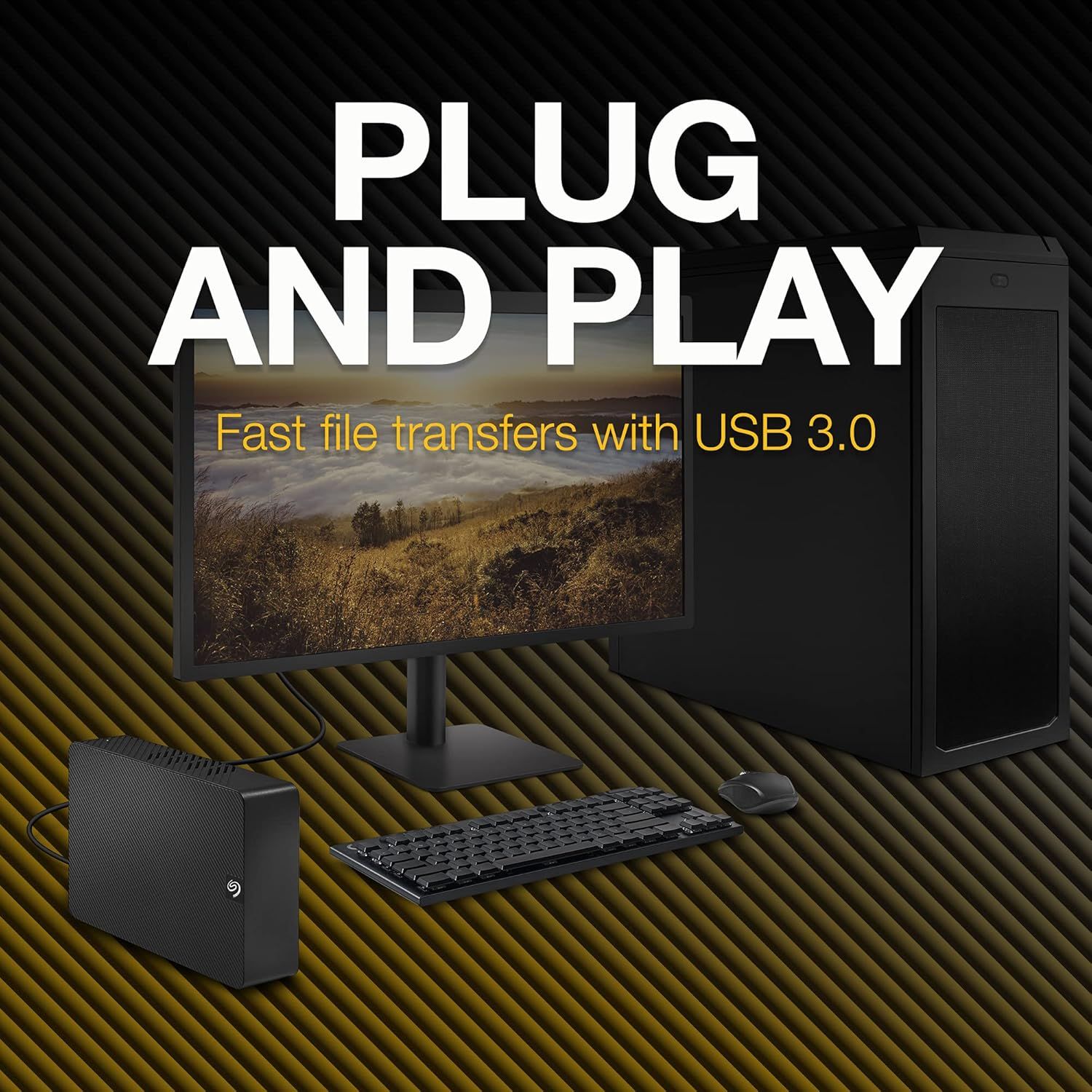 Communicates the ease of setup and fast file transfer capability of the computer system, reassuring shoppers that it's ready to use immediately with high-speed connectivity.