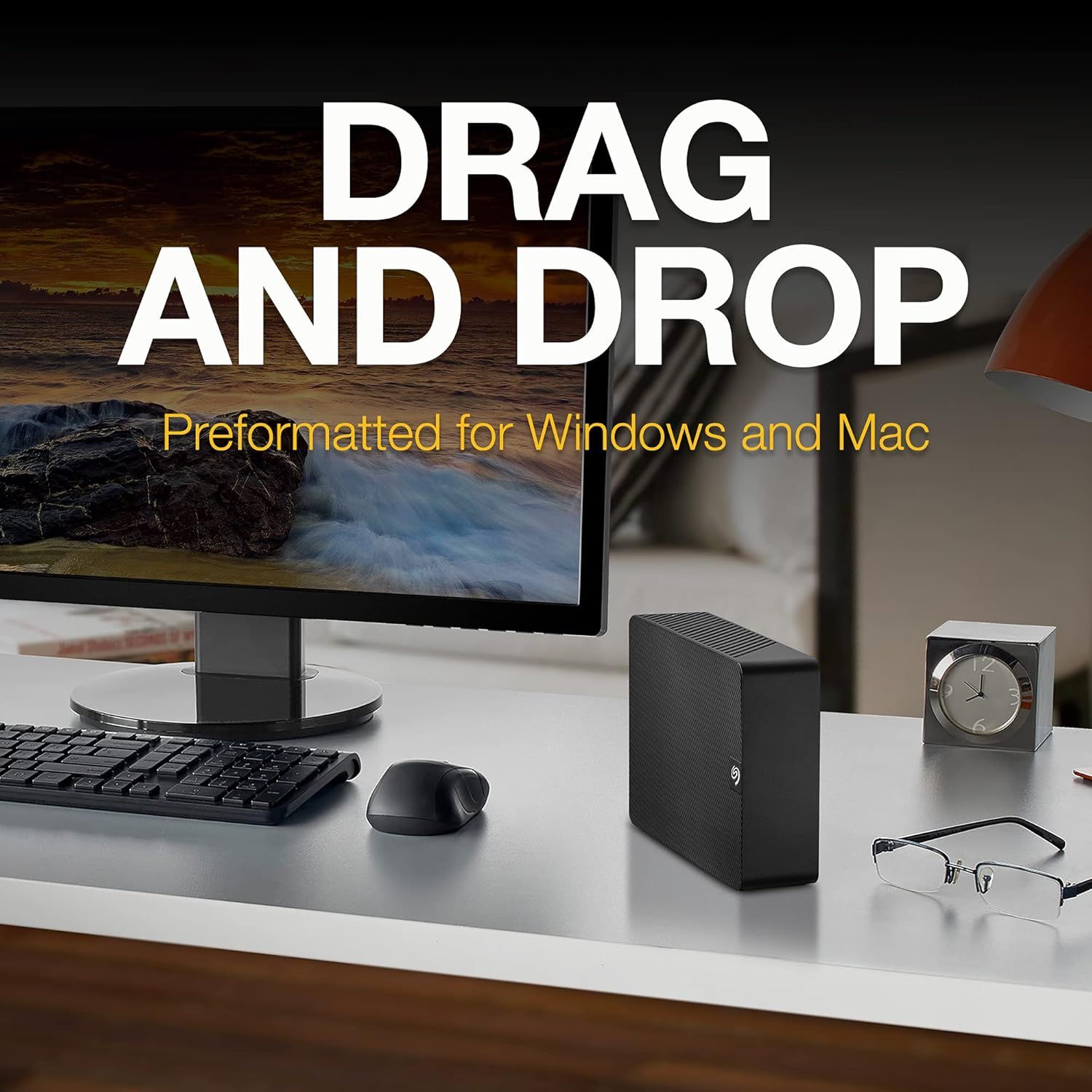 Communicates that the external hard drive is preformatted and ready to use with both Windows and Mac systems, eliminating setup hassle and ensuring broad compatibility. Highlights the drag-and-drop…