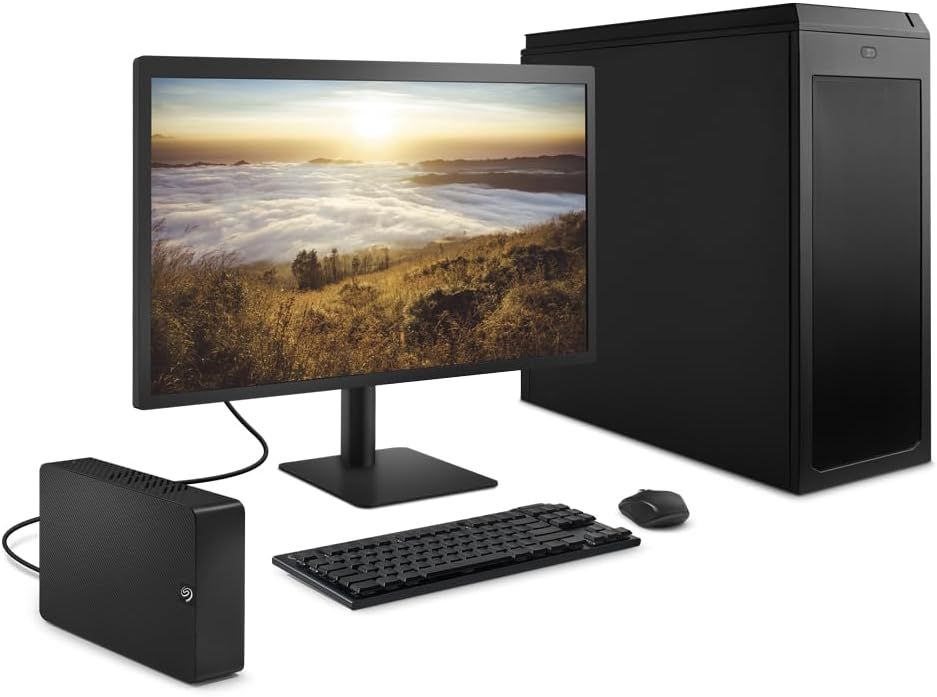 Shows the customer everything included in the purchase: desktop tower, monitor, keyboard, mouse, and external hard drive, helping them understand the full value of the bundle.