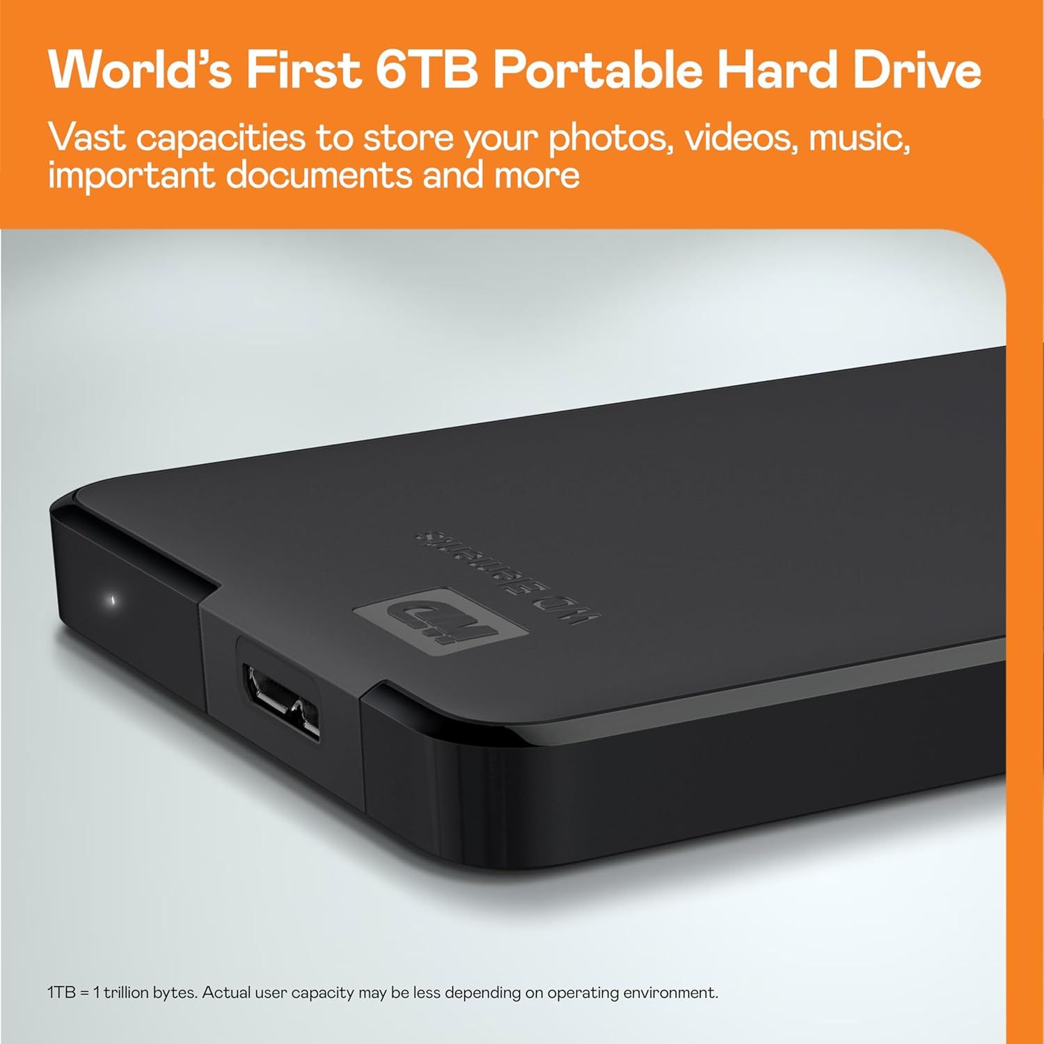 Highlights the world's first 6TB portable hard drive capacity to communicate massive storage capability and market leadership, reassuring shoppers they can store vast amounts of data. Communicates…