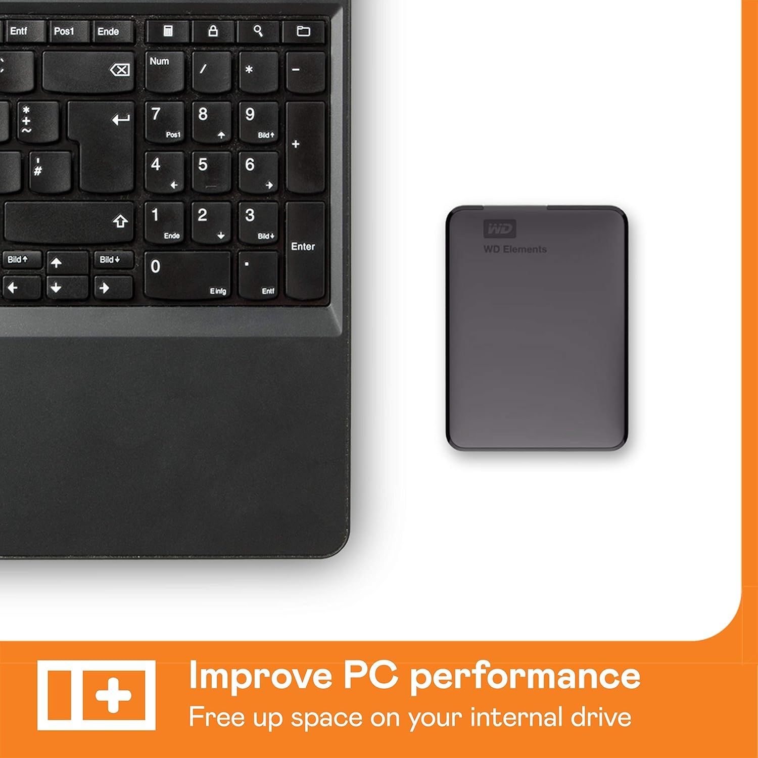 Communicates that the external drive helps improve PC performance by freeing up space on the internal drive, offering a clear storage solution benefit.