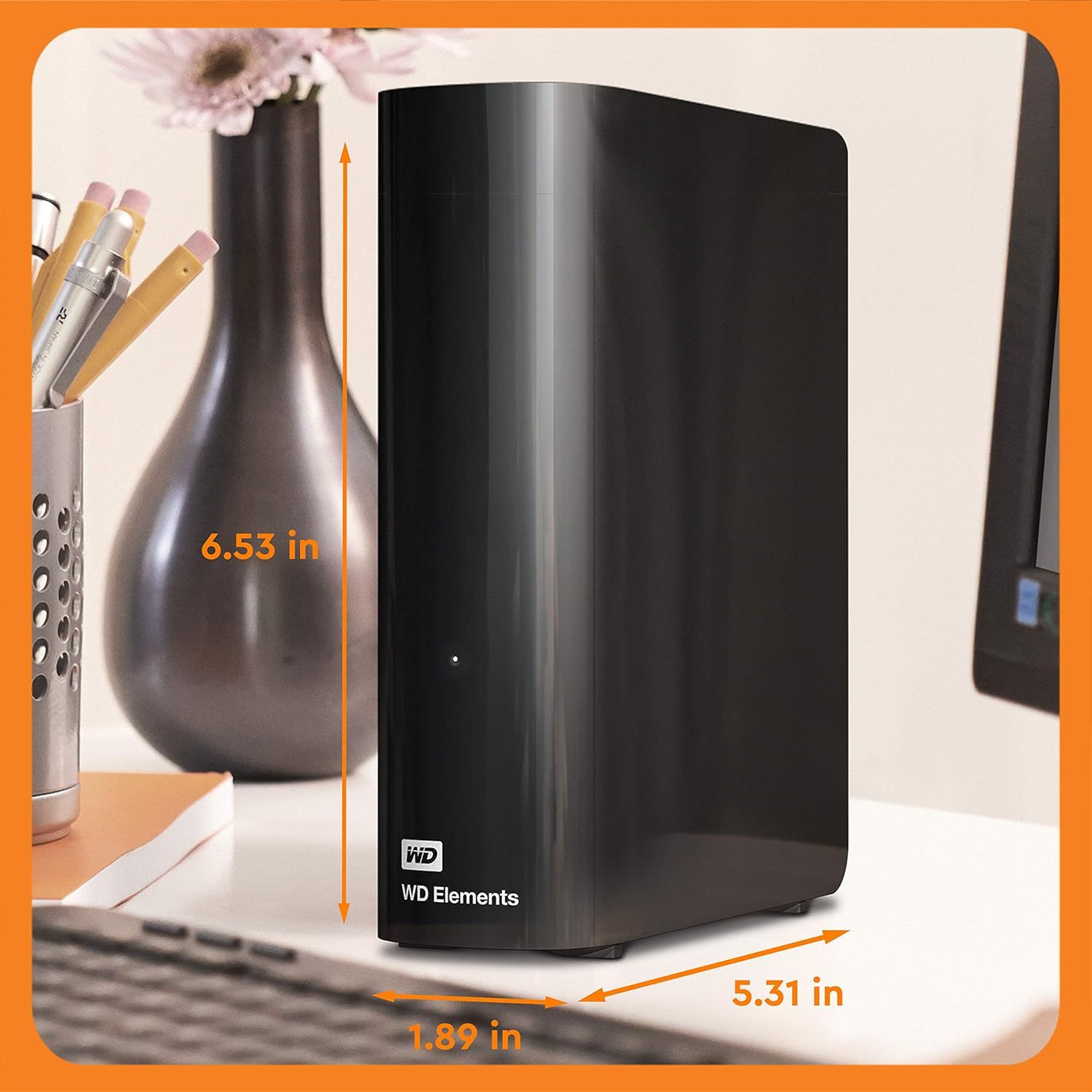 Communicates the exact physical size of the external hard drive (6.53 x 5.31 x 1.89 inches) to help shoppers understand how much desk space it will occupy and whether it fits their setup.