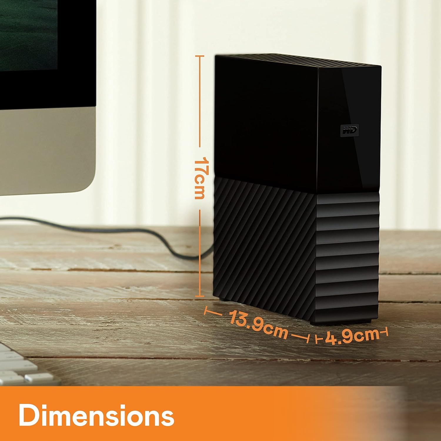 Communicates the exact physical size of the external hard drive (17cm height, 15.9cm width, 4.9cm depth) to help shoppers understand how much desk space it will occupy.
