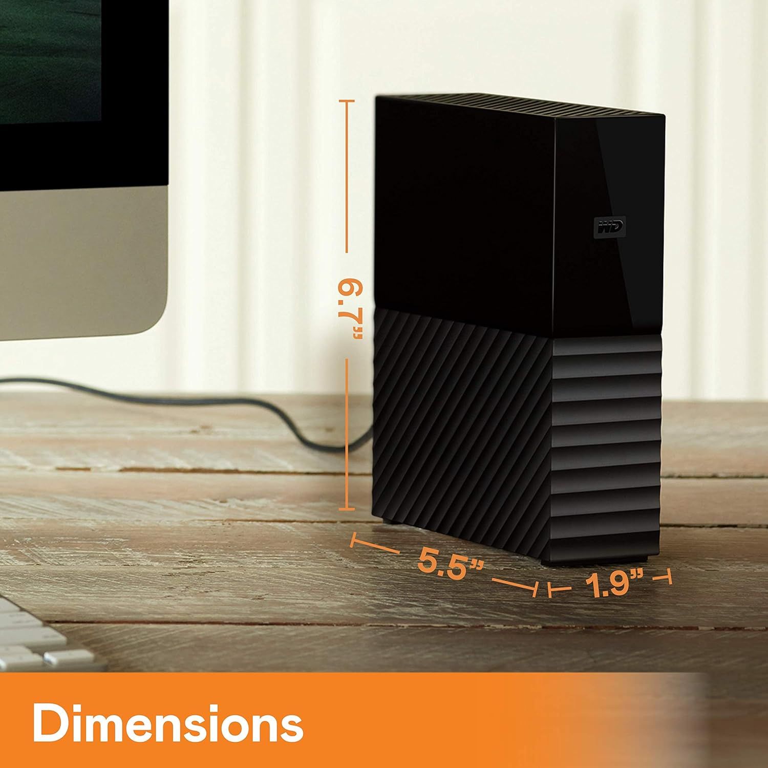 Communicates the exact physical size of the product (6.7 inches tall, 5.5 inches wide, 1.9 inches deep) to help shoppers understand how much space it will occupy on their desk or shelf.