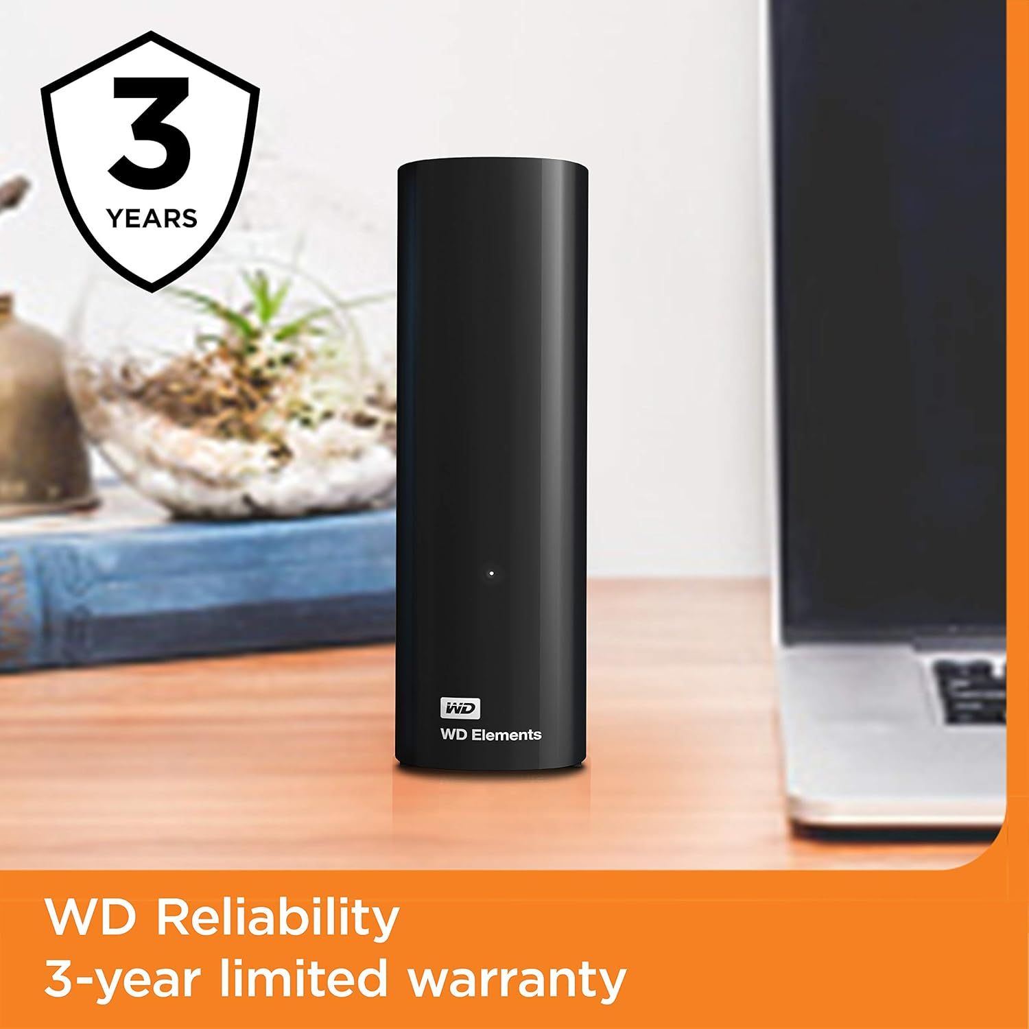 Communicates the product's reliability and long-term protection through a 3-year warranty, reassuring shoppers about quality and manufacturer support. Highlights WD's reliability promise with a…