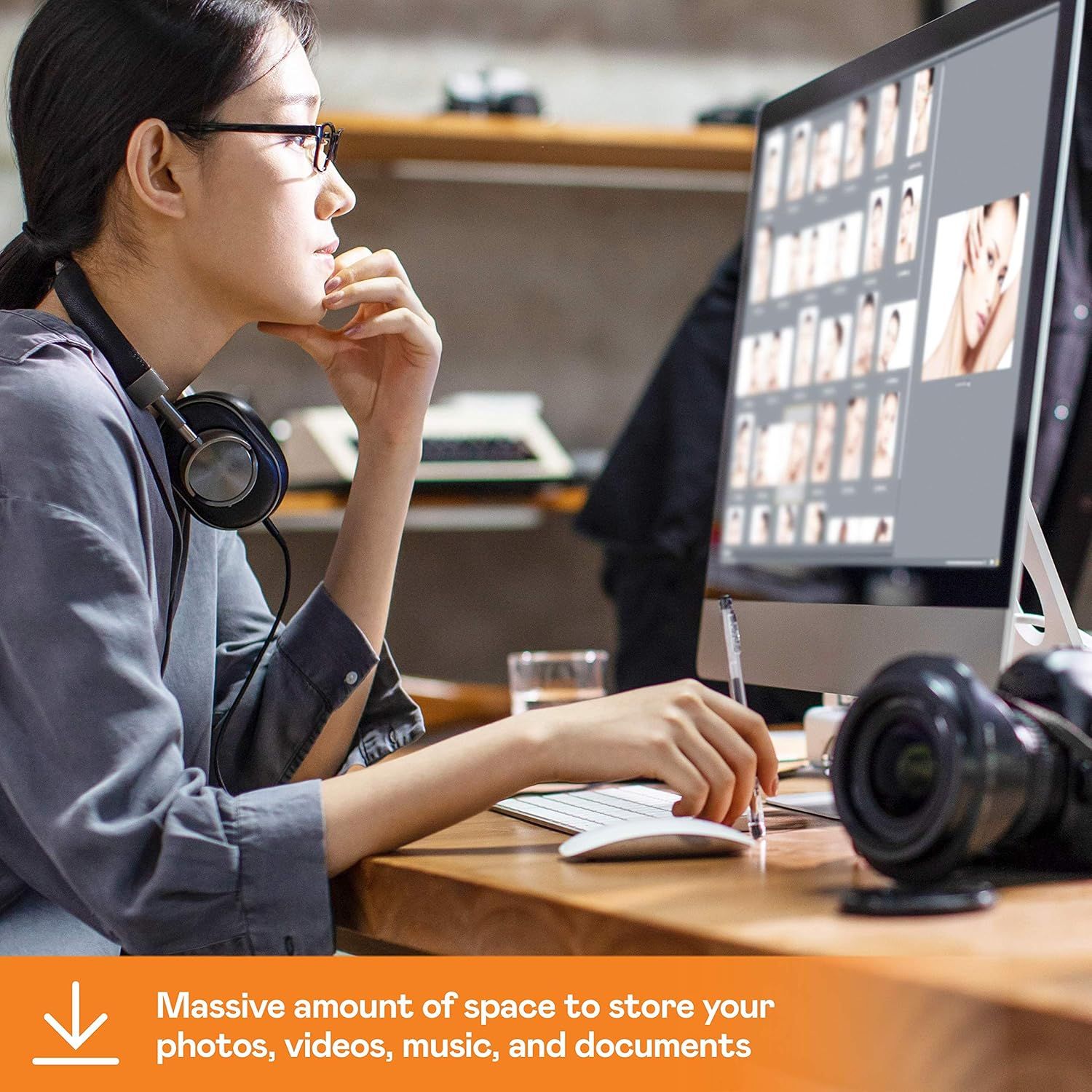 Communicates the product's large storage capacity to reassure shoppers they can store extensive media libraries and files. Highlights the key benefit of having ample storage for photos, videos,…